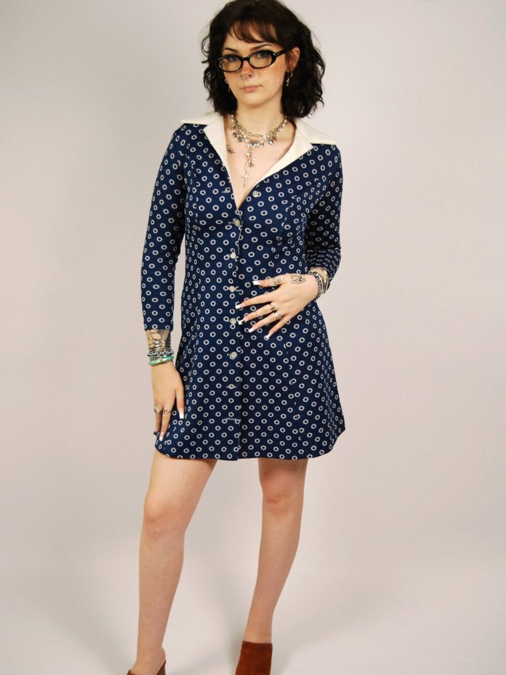 60s Long Sleeve Mini Dress (M) medium blue vintage dot print retro rockabilly
